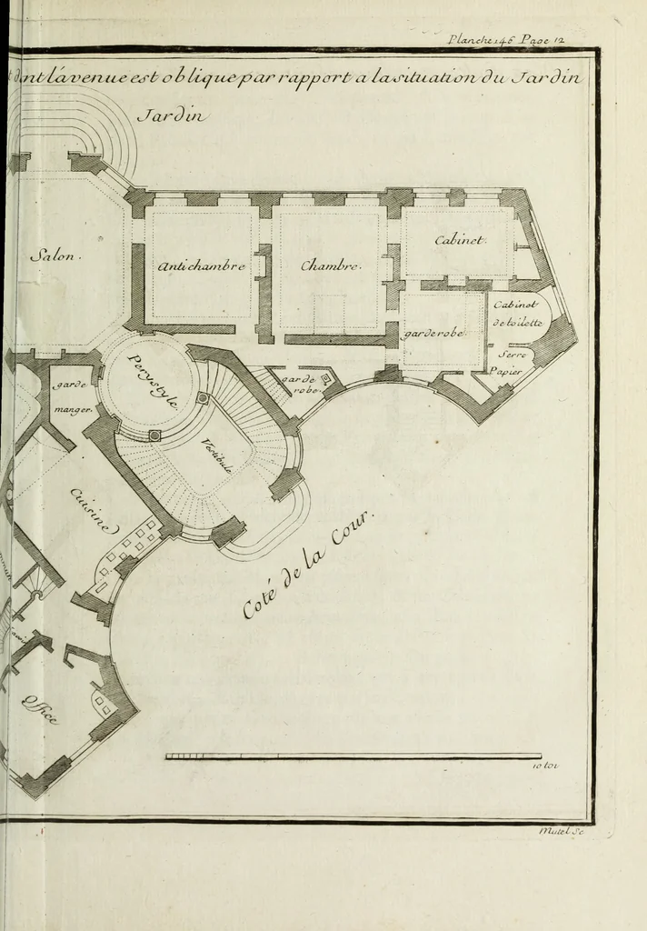 An illustration from L'art de bâtir des maisons de campagne : où l'on traite de leur distribution, de leur construction, & de leur decoration ... : avec l'explication de ses projets, et des desseins de menuiserie, de serrurerie, de parterres, & d'autres ornemens propres à la decoration intérieure & extérieure ..., 1743, leaf 68