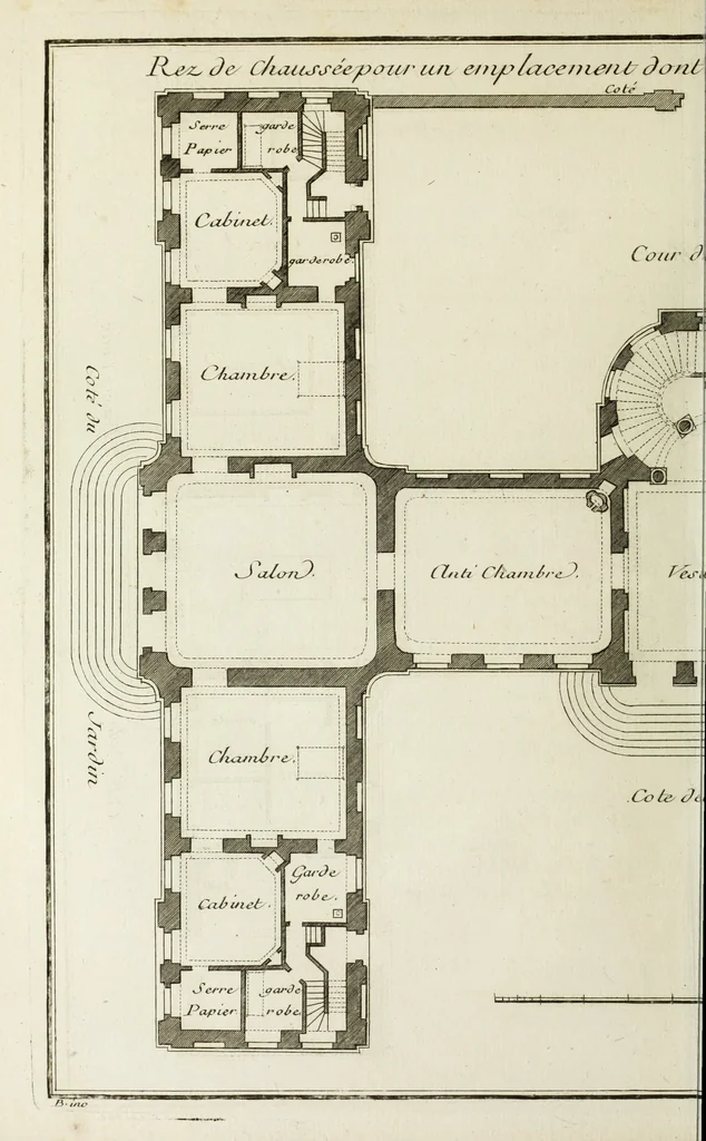 An illustration from L'art de bâtir des maisons de campagne : où l'on traite de leur distribution, de leur construction, & de leur decoration ... : avec l'explication de ses projets, et des desseins de menuiserie, de serrurerie, de parterres, & d'autres ornemens propres à la decoration intérieure & extérieure ..., 1743, leaf 87