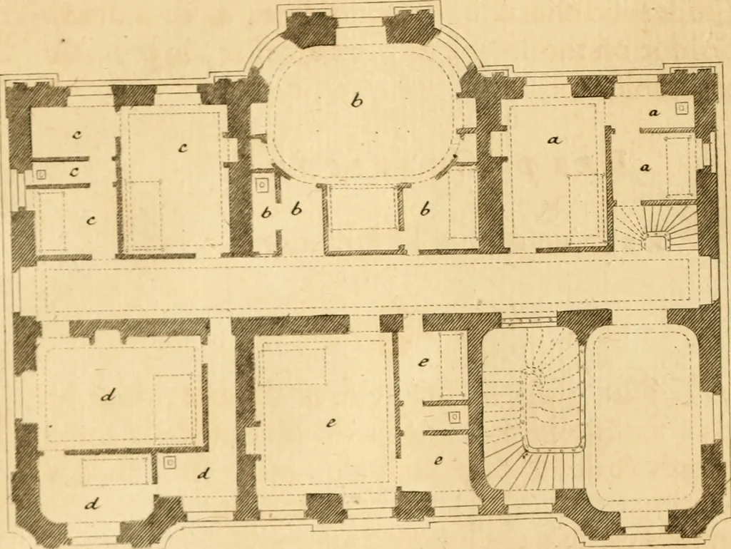 An illustration from L'art de bâtir des maisons de campagne : où L'on traite de leur distribution, de leur construction, & de leur decoration ... Avec l'explication de ces projets, et des desseins de menuiserie, de serrurerie, de parterres, & d'autres ornemens propres à la decoration intérieure & extérieure ..., 1761, leaf 103