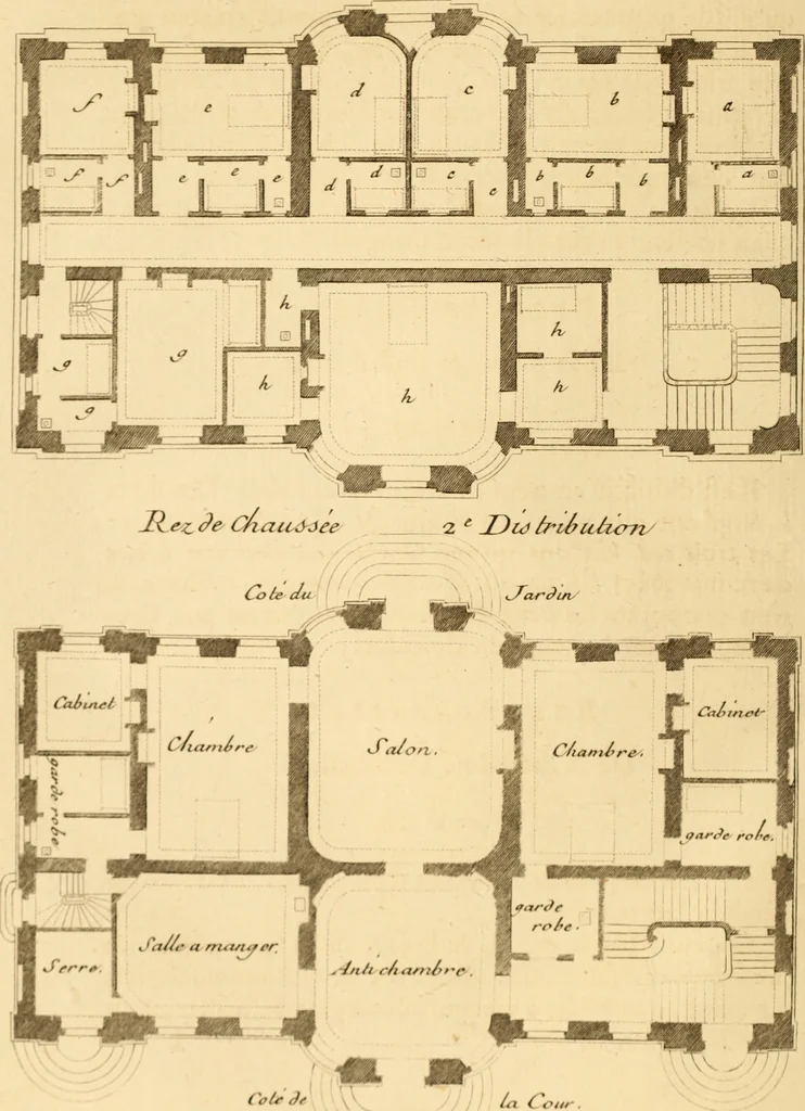 An illustration from L'art de bâtir des maisons de campagne : où L'on traite de leur distribution, de leur construction, & de leur decoration ... Avec l'explication de ces projets, et des desseins de menuiserie, de serrurerie, de parterres, & d'autres ornemens propres à la decoration intérieure & extérieure ..., 1761, leaf 143