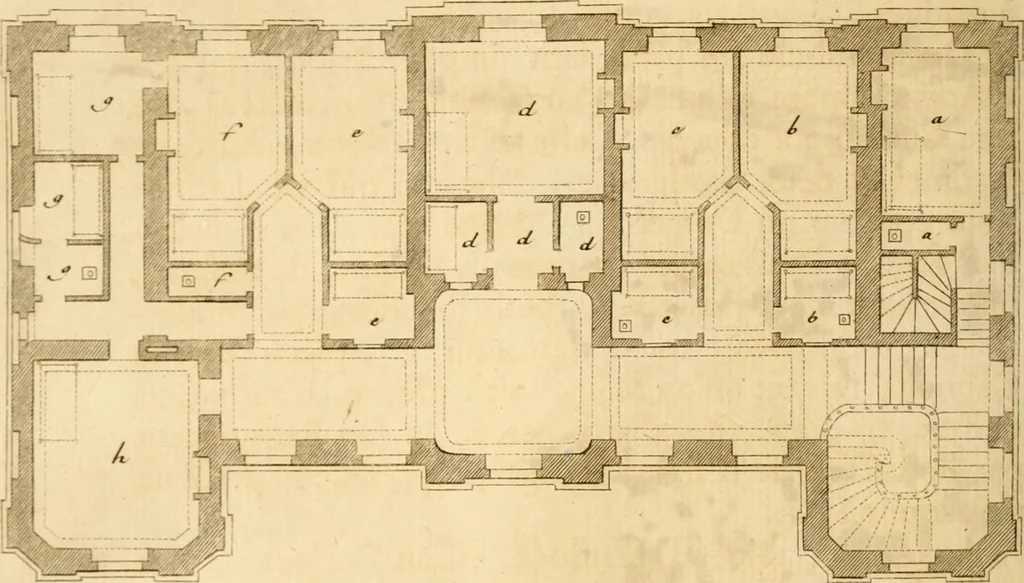 An illustration from L'art de bâtir des maisons de campagne : où L'on traite de leur distribution, de leur construction, & de leur decoration ... Avec l'explication de ces projets, et des desseins de menuiserie, de serrurerie, de parterres, & d'autres ornemens propres à la decoration intérieure & extérieure ..., 1761, leaf 153