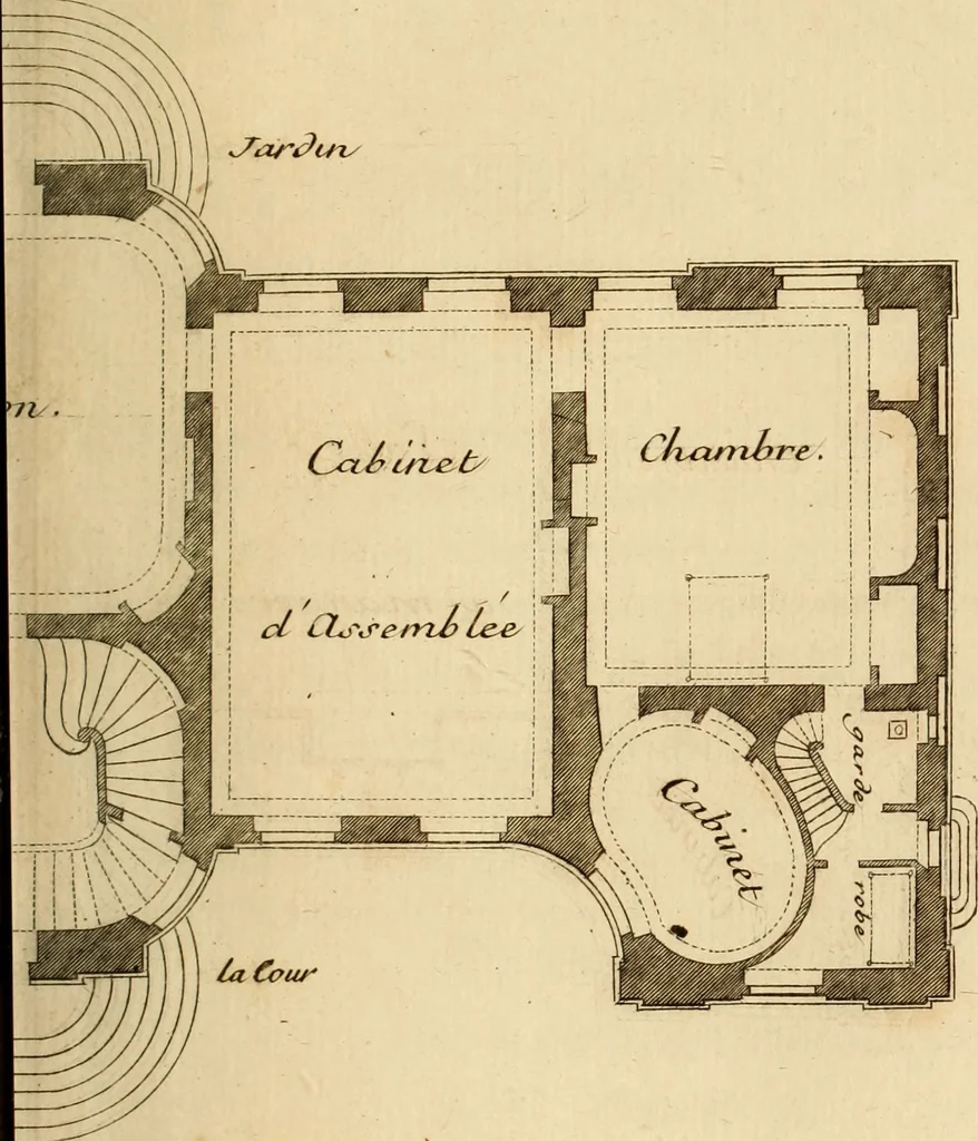 An illustration from L'art de bâtir des maisons de campagne : où L'on traite de leur distribution, de leur construction, & de leur decoration ... Avec l'explication de ces projets, et des desseins de menuiserie, de serrurerie, de parterres, & d'autres ornemens propres à la decoration intérieure & extérieure ..., 1761, leaf 218