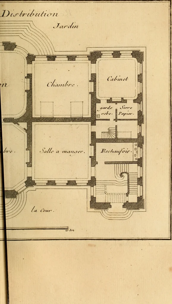 An illustration from L'art de bâtir des maisons de campagne : où L'on traite de leur distribution, de leur construction, & de leur decoration ... Avec l'explication de ces projets, et des desseins de menuiserie, de serrurerie, de parterres, & d'autres ornemens propres à la decoration intérieure & extérieure ..., 1761, leaf 412
