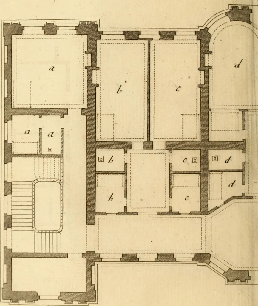 An illustration from L'art de bâtir des maisons de campagne : où L'on traite de leur distribution, de leur construction, & de leur decoration ... Avec l'explication de ces projets, et des desseins de menuiserie, de serrurerie, de parterres, & d'autres ornemens propres à la decoration intérieure & extérieure ..., 1761, leaf 415