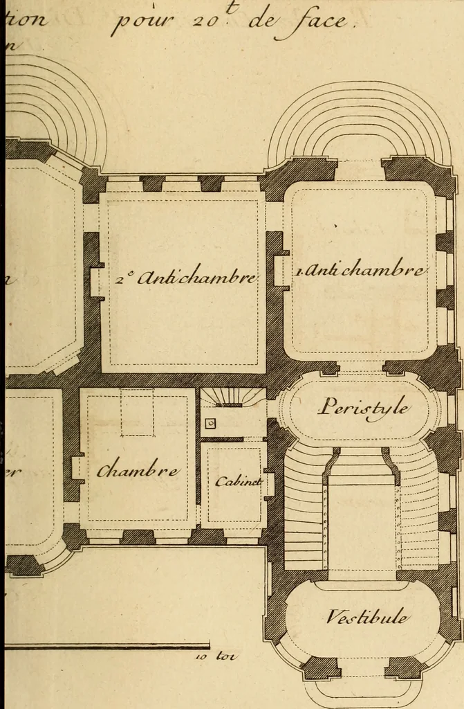 An illustration from L'art de bâtir des maisons de campagne : où L'on traite de leur distribution, de leur construction, & de leur decoration ... Avec l'explication de ces projets, et des desseins de menuiserie, de serrurerie, de parterres, & d'autres ornemens propres à la decoration intérieure & extérieure ..., 1761, leaf 494
