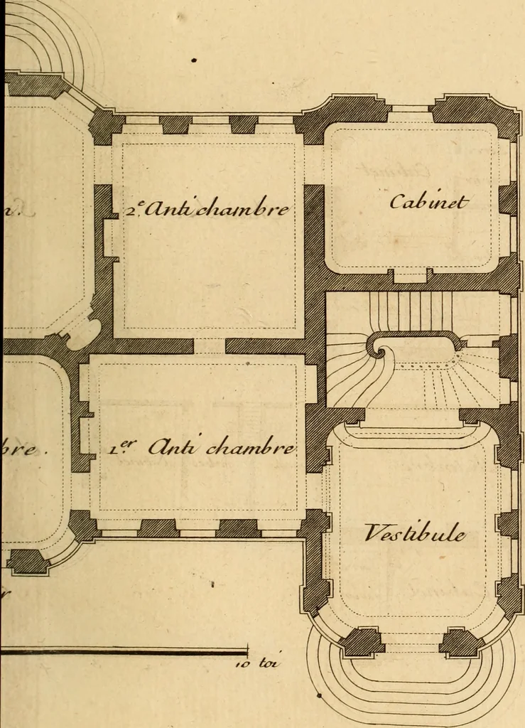 An illustration from L'art de bâtir des maisons de campagne : où L'on traite de leur distribution, de leur construction, & de leur decoration ... Avec l'explication de ces projets, et des desseins de menuiserie, de serrurerie, de parterres, & d'autres ornemens propres à la decoration intérieure & extérieure ..., 1761, leaf 504