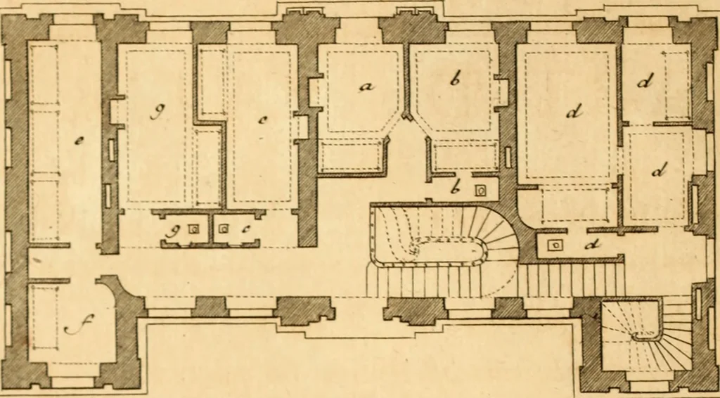 An illustration from L'art de bâtir des maisons de campagne : où L'on traite de leur distribution, de leur construction, & de leur decoration ... Avec l'explication de ces projets, et des desseins de menuiserie, de serrurerie, de parterres, & d'autres ornemens propres à la decoration intérieure & extérieure ..., 1761, leaf 53
