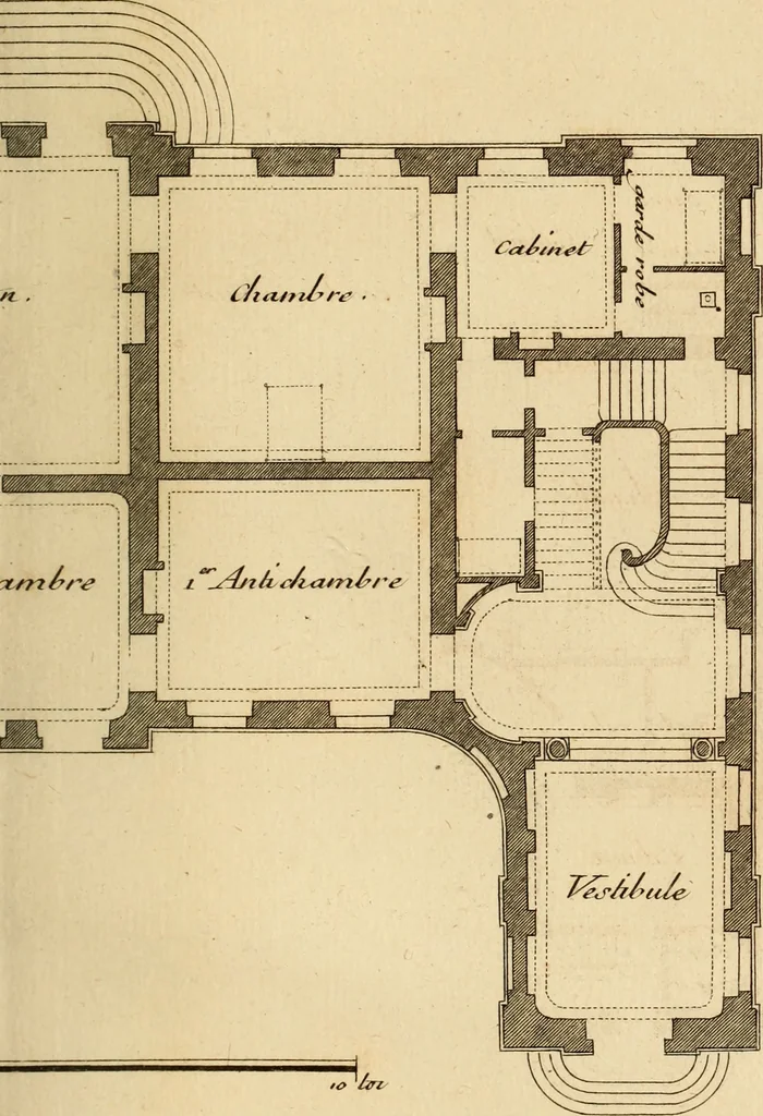 An illustration from L'art de bâtir des maisons de campagne : où L'on traite de leur distribution, de leur construction, & de leur decoration ... Avec l'explication de ces projets, et des desseins de menuiserie, de serrurerie, de parterres, & d'autres ornemens propres à la decoration intérieure & extérieure ..., 1761, leaf 554