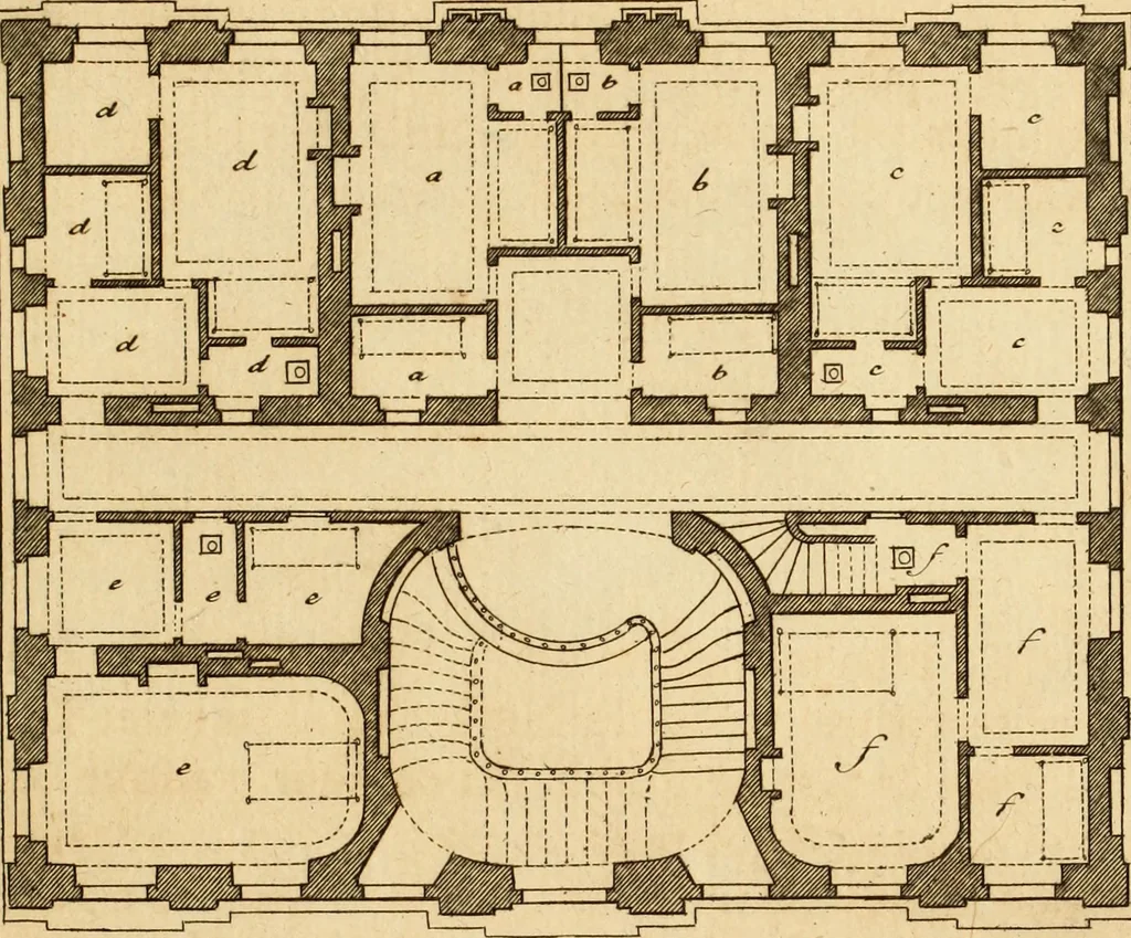 An illustration from L'art de bâtir des maisons de campagne : où L'on traite de leur distribution, de leur construction, & de leur decoration ... Avec l'explication de ces projets, et des desseins de menuiserie, de serrurerie, de parterres, & d'autres ornemens propres à la decoration intérieure & extérieure ..., 1761, leaf 60