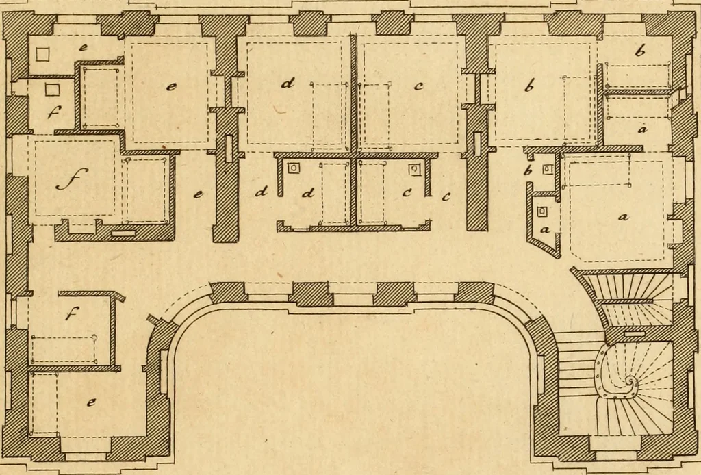 An illustration from L'art de bâtir des maisons de campagne : où L'on traite de leur distribution, de leur construction, & de leur decoration ... Avec l'explication de ces projets, et des desseins de menuiserie, de serrurerie, de parterres, & d'autres ornemens propres à la decoration intérieure & extérieure ..., 1761, leaf 70