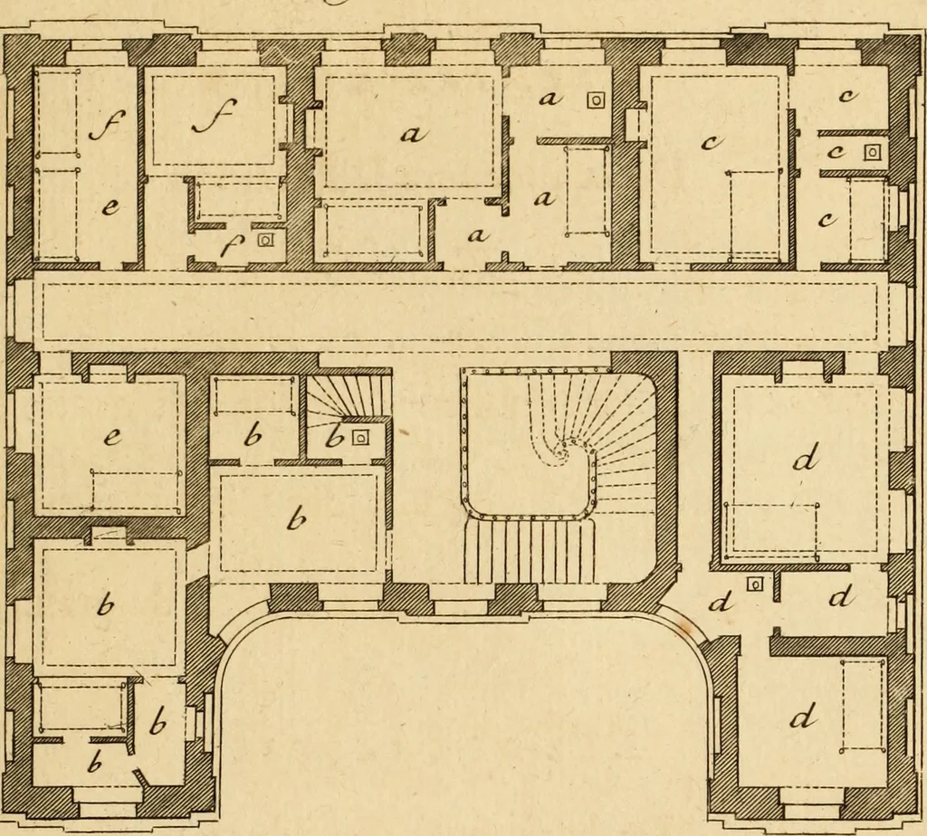 An illustration from L'art de bâtir des maisons de campagne : où L'on traite de leur distribution, de leur construction, & de leur decoration ... Avec l'explication de ces projets, et des desseins de menuiserie, de serrurerie, de parterres, & d'autres ornemens propres à la decoration intérieure & extérieure ..., 1761, leaf 74
