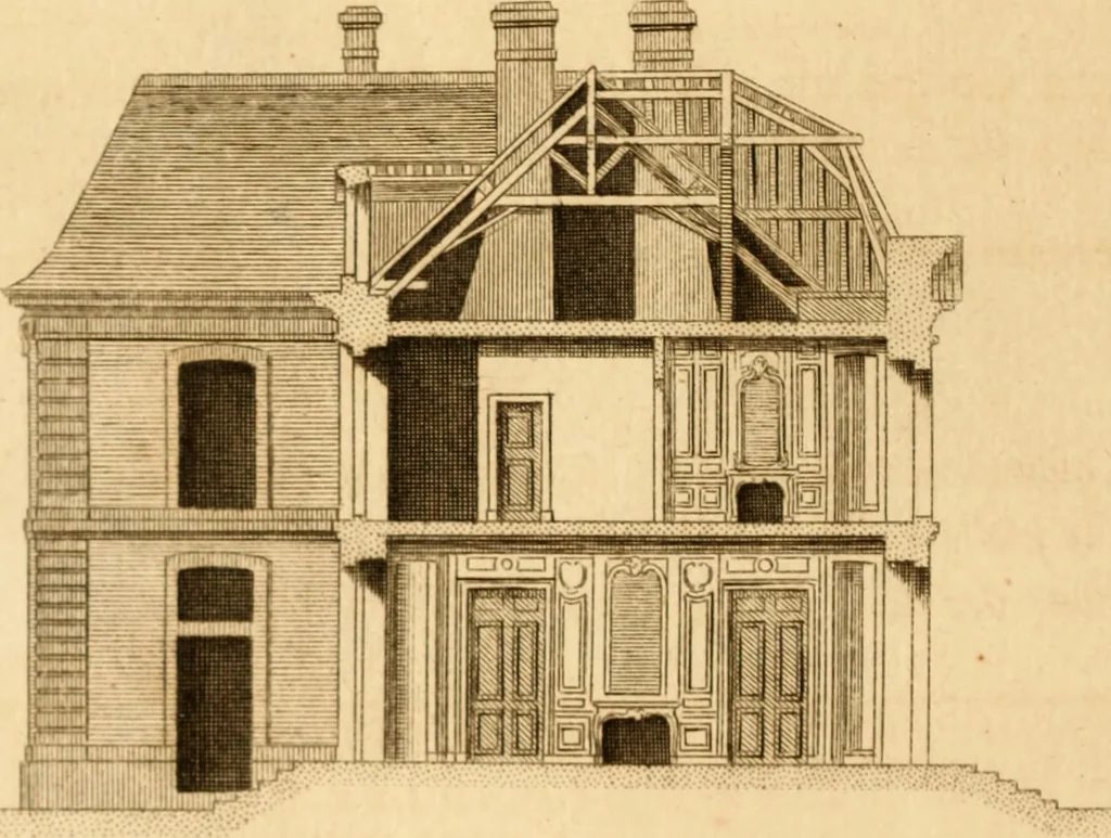 An illustration from L'art de bâtir des maisons de campagne : où L'on traite de leur distribution, de leur construction, & de leur decoration ... Avec l'explication de ces projets, et des desseins de menuiserie, de serrurerie, de parterres, & d'autres ornemens propres à la decoration intérieure & extérieure ..., 1761, leaf 97