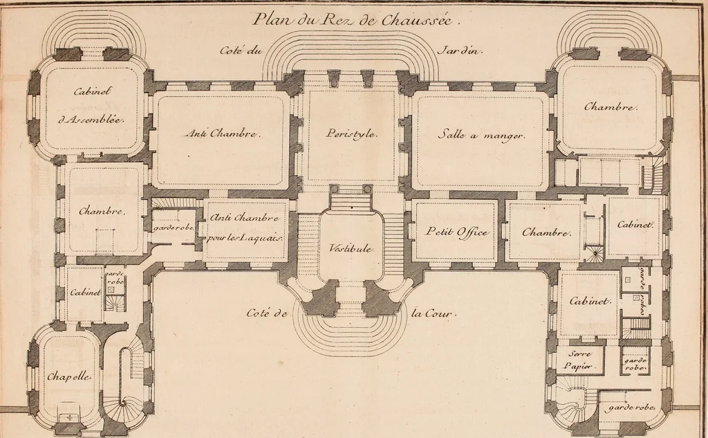 An illustration from L'art de bâtir des maisons de campagne : où L'on traite de leur distribution, de leur construction, & de leur decoration ... Avec l'explication de ces projets, et des desseins de menuiserie, de serrurerie, de parterres, & d'autres ornemens propres à la decoration intérieure & extérieure ..., 1761, leaf 20