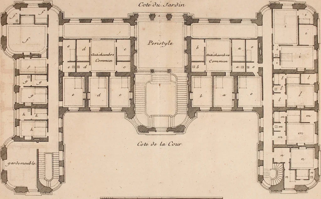 An illustration from L'art de bâtir des maisons de campagne : où L'on traite de leur distribution, de leur construction, & de leur decoration ... Avec l'explication de ces projets, et des desseins de menuiserie, de serrurerie, de parterres, & d'autres ornemens propres à la decoration intérieure & extérieure ..., 1761, leaf 24
