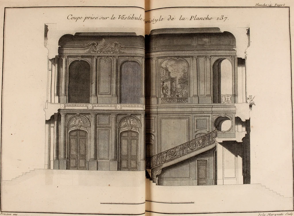 An illustration from L'art de bâtir des maisons de campagne : où L'on traite de leur distribution, de leur construction, & de leur decoration ... Avec l'explication de ces projets, et des desseins de menuiserie, de serrurerie, de parterres, & d'autres ornemens propres à la decoration intérieure & extérieure ..., 1761, leaf 32