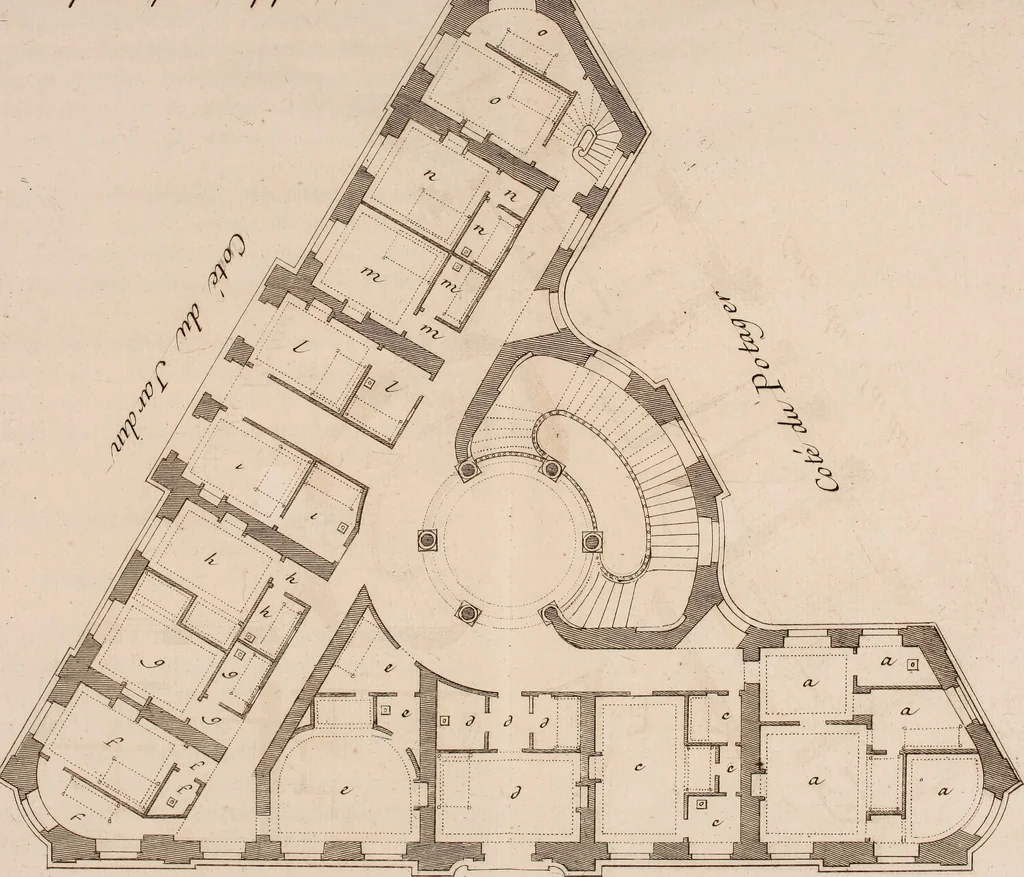 An illustration from L'art de bâtir des maisons de campagne : où L'on traite de leur distribution, de leur construction, & de leur decoration ... Avec l'explication de ces projets, et des desseins de menuiserie, de serrurerie, de parterres, & d'autres ornemens propres à la decoration intérieure & extérieure ..., 1761, leaf 38
