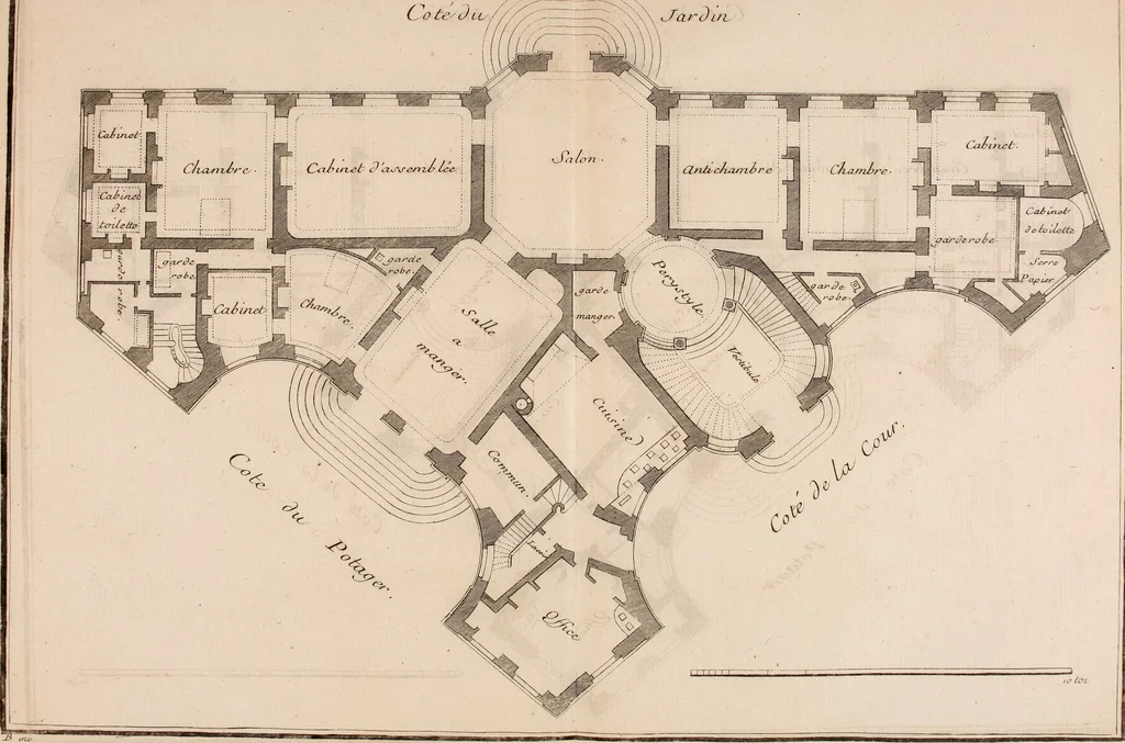 An illustration from L'art de bâtir des maisons de campagne : où L'on traite de leur distribution, de leur construction, & de leur decoration ... Avec l'explication de ces projets, et des desseins de menuiserie, de serrurerie, de parterres, & d'autres ornemens propres à la decoration intérieure & extérieure ..., 1761, leaf 44