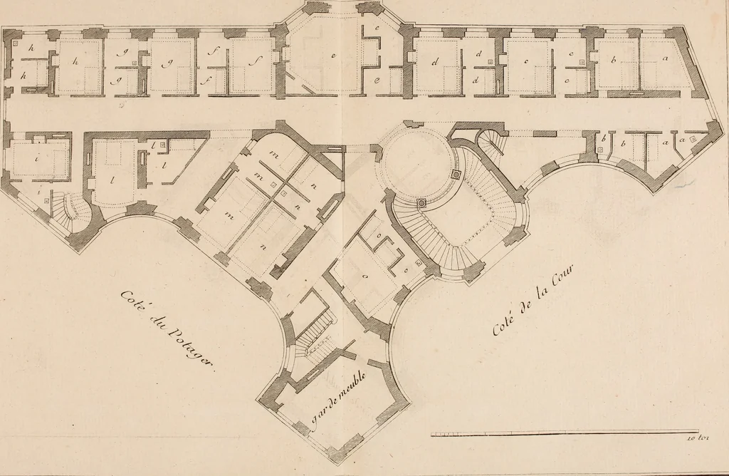 An illustration from L'art de bâtir des maisons de campagne : où L'on traite de leur distribution, de leur construction, & de leur decoration ... Avec l'explication de ces projets, et des desseins de menuiserie, de serrurerie, de parterres, & d'autres ornemens propres à la decoration intérieure & extérieure ..., 1761, leaf 48