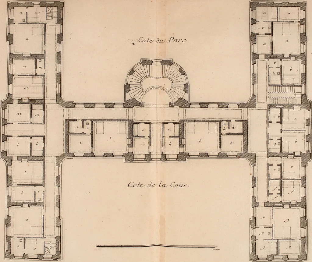 An illustration from L'art de bâtir des maisons de campagne : où L'on traite de leur distribution, de leur construction, & de leur decoration ... Avec l'explication de ces projets, et des desseins de menuiserie, de serrurerie, de parterres, & d'autres ornemens propres à la decoration intérieure & extérieure ..., 1761, leaf 58