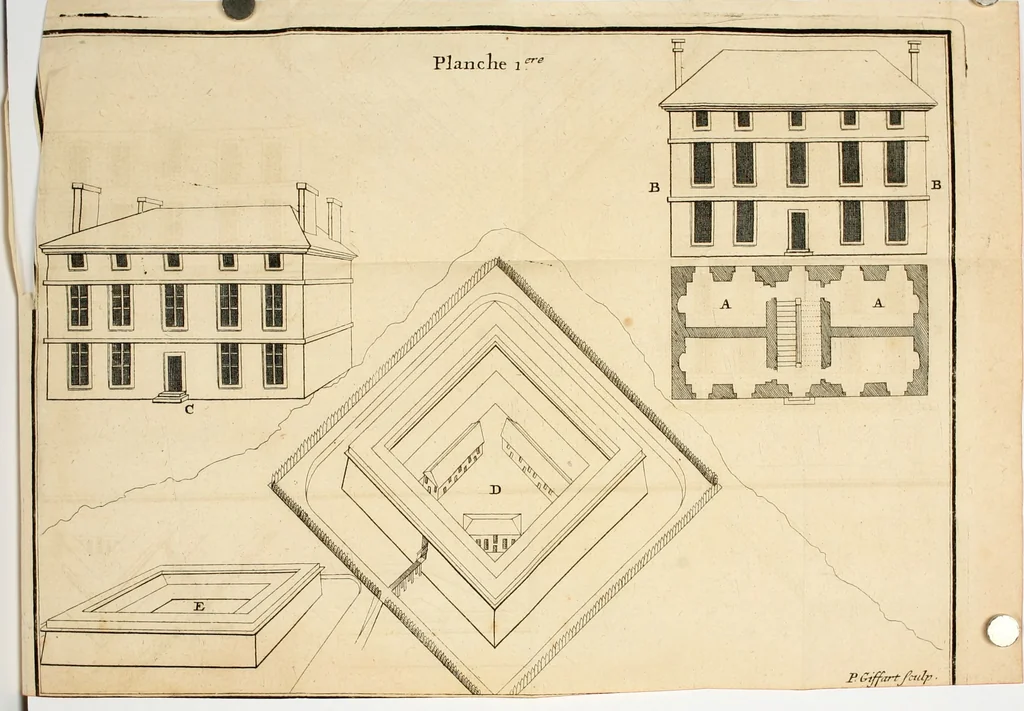 An illustration from L'art de dessiner proprement les plans, porfils, elevations geometrales, et perspectives, soit d'architecture militaire ou civile : avec tous les secrets les plus rares pour faire les couleurs avec lesquelles les ingenieurs representent les divers materiaux d'une place : et la maniere de s'en servir dans les vûës des sieges, campements, & autres morceaux de païsage, 1697, leaf 275