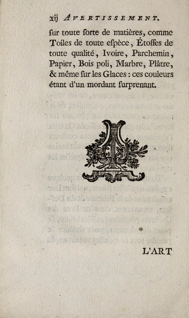 An illustration from L'art de faire les Indiennes : et de composer les plus belles couleurs, bon teint, à cet usage, de peindre les étosses de soie, & en miniature : de laver les desseins, plans, cartes géographiques &c. : de teindre le bois, la paille, le crin, les fleurs artificielles, &c. : avec plusieurs secrets pour faire toute sorte de couleurs qui n'altérent point les étosses & qui sont à l'épreuve du grand air & due soleil, 1786, leaf 16