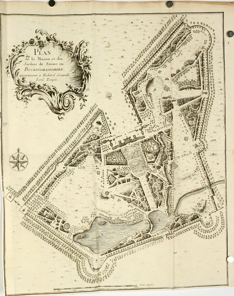 An illustration from L'art de former les jardins modernes, ou, L'art des jardins anglois : traduit de l'anglois : à quoi le traducteur a ajouté un discours préliminaire sur l'origine de l'art, des notes sur le texte, & une description détaillée des jardins de Stowe, accompagnée du plan, 1771, leaf 476
