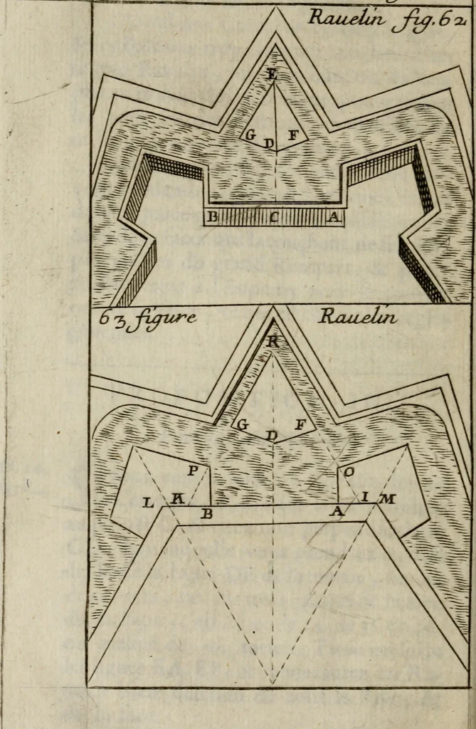 An illustration from L'art de fortifier, de defendre, et d'attaquer les places : suivant les methodes françoises, hollandoises, italiennes & espagnoles, le tout enrichy de figures en taille douce, 1677, leaf 305