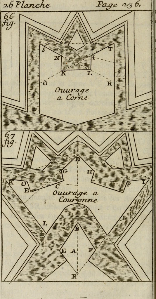 An illustration from L'art de fortifier, de defendre, et d'attaquer les places : suivant les methodes françoises, hollandoises, italiennes & espagnoles, le tout enrichy de figures en taille douce, 1677, leaf 317