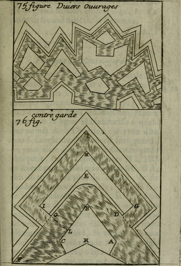 An illustration from L'art de fortifier, de defendre, et d'attaquer les places : suivant les methodes françoises, hollandoises, italiennes & espagnoles, le tout enrichy de figures en taille douce, 1677, leaf 330