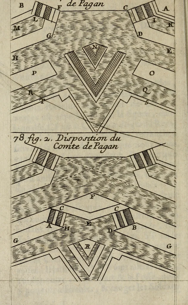 An illustration from L'art de fortifier, de defendre, et d'attaquer les places : suivant les methodes françoises, hollandoises, italiennes & espagnoles, le tout enrichy de figures en taille douce, 1677, leaf 335