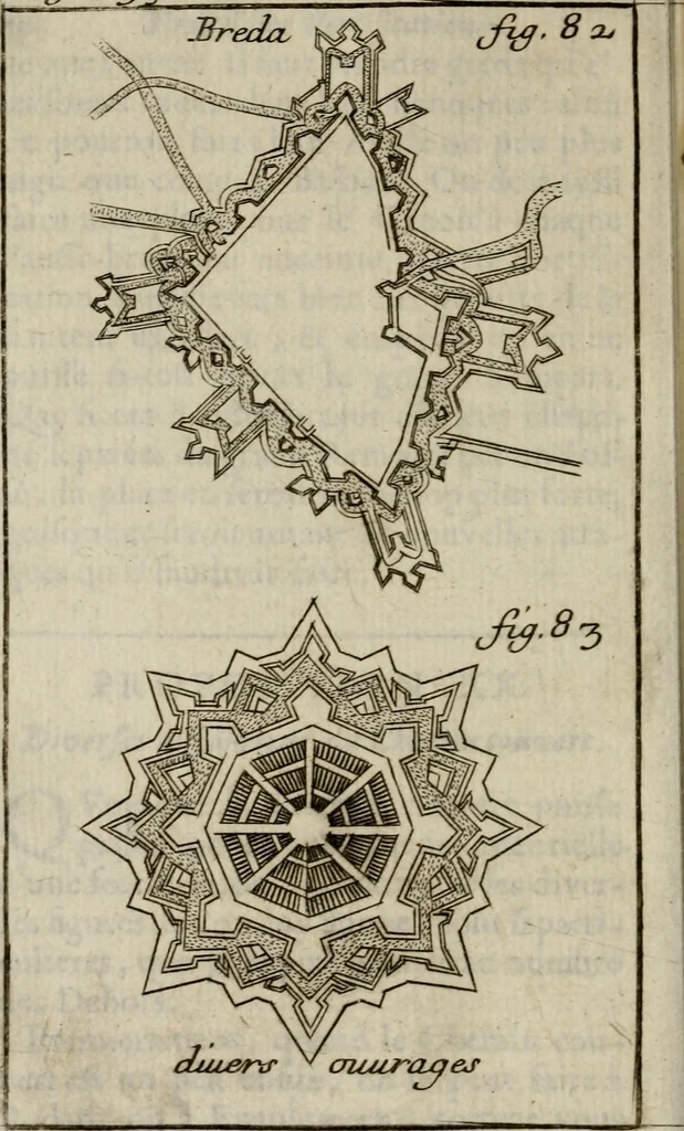 An illustration from L'art de fortifier, de defendre, et d'attaquer les places : suivant les methodes françoises, hollandoises, italiennes & espagnoles, le tout enrichy de figures en taille douce, 1677, leaf 343