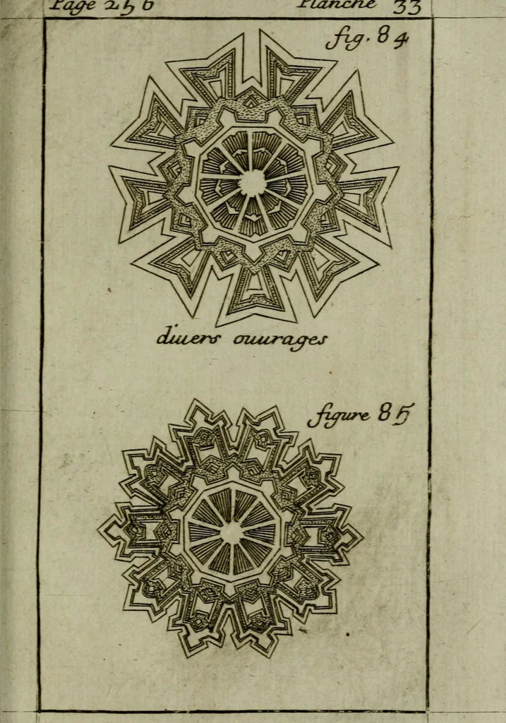 An illustration from L'art de fortifier, de defendre, et d'attaquer les places : suivant les methodes françoises, hollandoises, italiennes & espagnoles, le tout enrichy de figures en taille douce, 1677, leaf 346