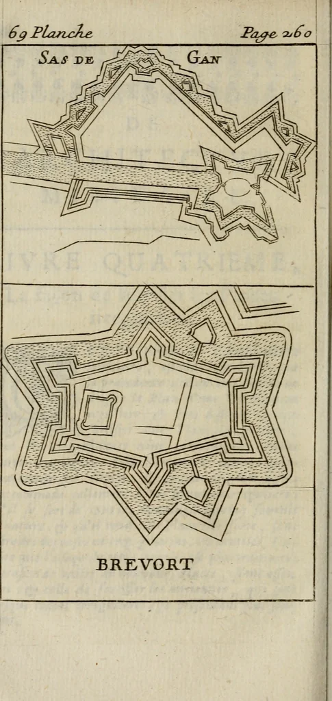 An illustration from L'art de fortifier, de defendre, et d'attaquer les places : suivant les methodes françoises, hollandoises, italiennes & espagnoles, le tout enrichy de figures en taille douce, 1677, leaf 355