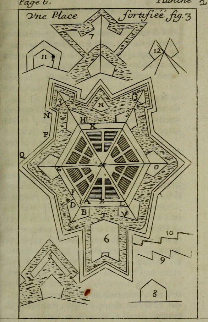 An illustration from L'art de fortifier, de defendre, et d'attaquer les places : suivant les methodes françoises, hollandoises, italiennes & espagnoles, le tout enrichy de figures en taille douce, 1677, leaf 38