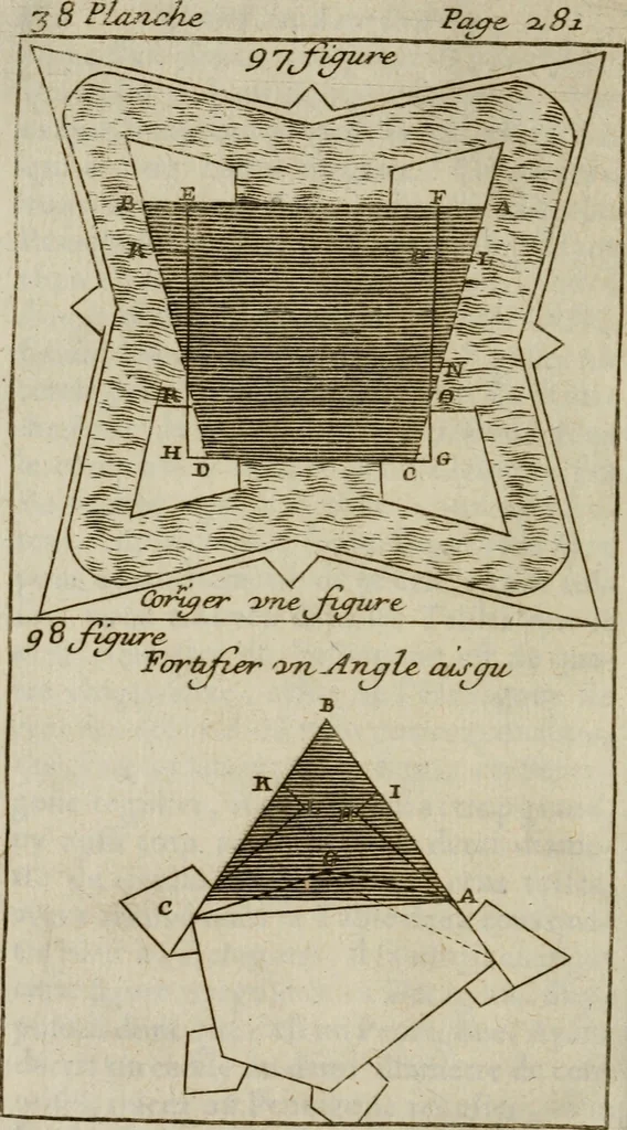 An illustration from L'art de fortifier, de defendre, et d'attaquer les places : suivant les methodes françoises, hollandoises, italiennes & espagnoles, le tout enrichy de figures en taille douce, 1677, leaf 383