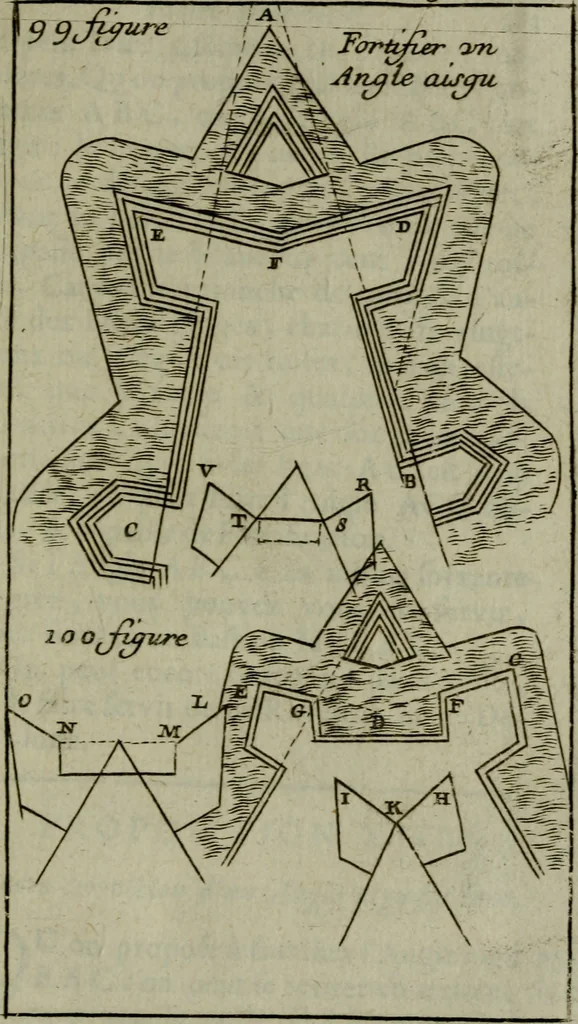 An illustration from L'art de fortifier, de defendre, et d'attaquer les places : suivant les methodes françoises, hollandoises, italiennes & espagnoles, le tout enrichy de figures en taille douce, 1677, leaf 386