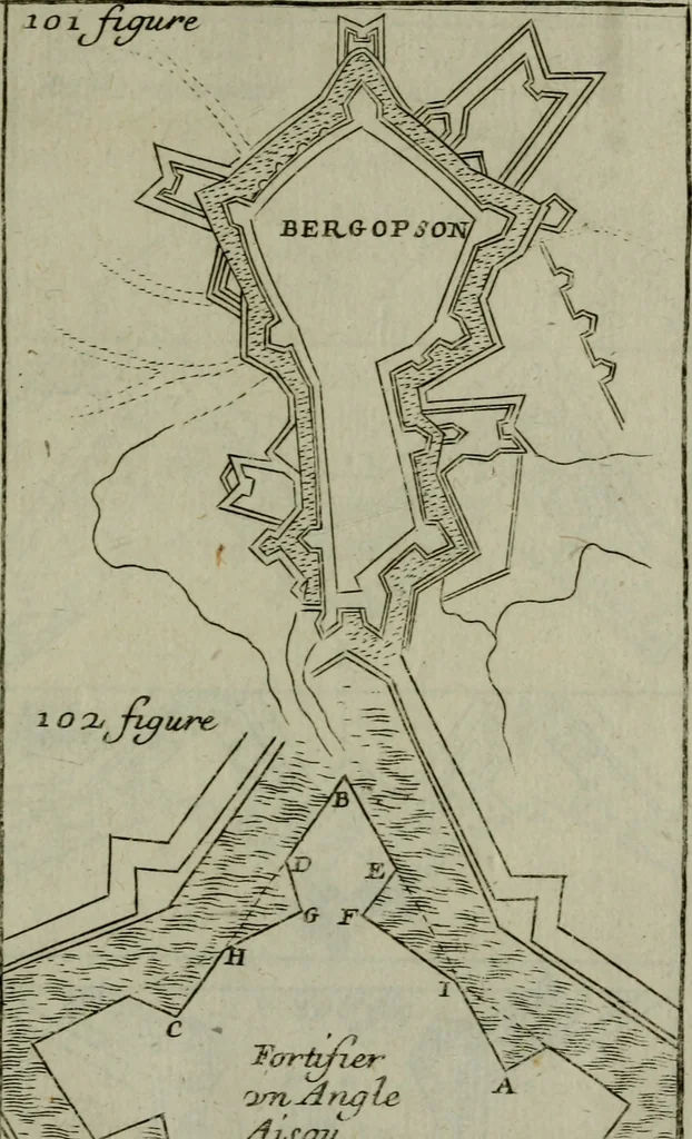 An illustration from L'art de fortifier, de defendre, et d'attaquer les places : suivant les methodes françoises, hollandoises, italiennes & espagnoles, le tout enrichy de figures en taille douce, 1677, leaf 390
