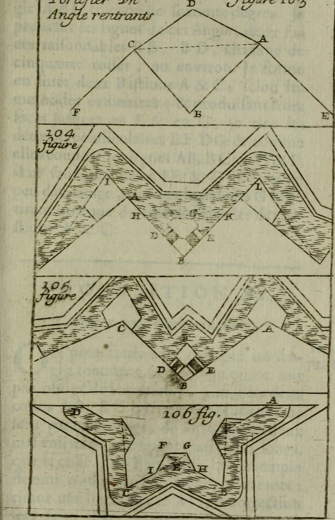 An illustration from L'art de fortifier, de defendre, et d'attaquer les places : suivant les methodes françoises, hollandoises, italiennes & espagnoles, le tout enrichy de figures en taille douce, 1677, leaf 392