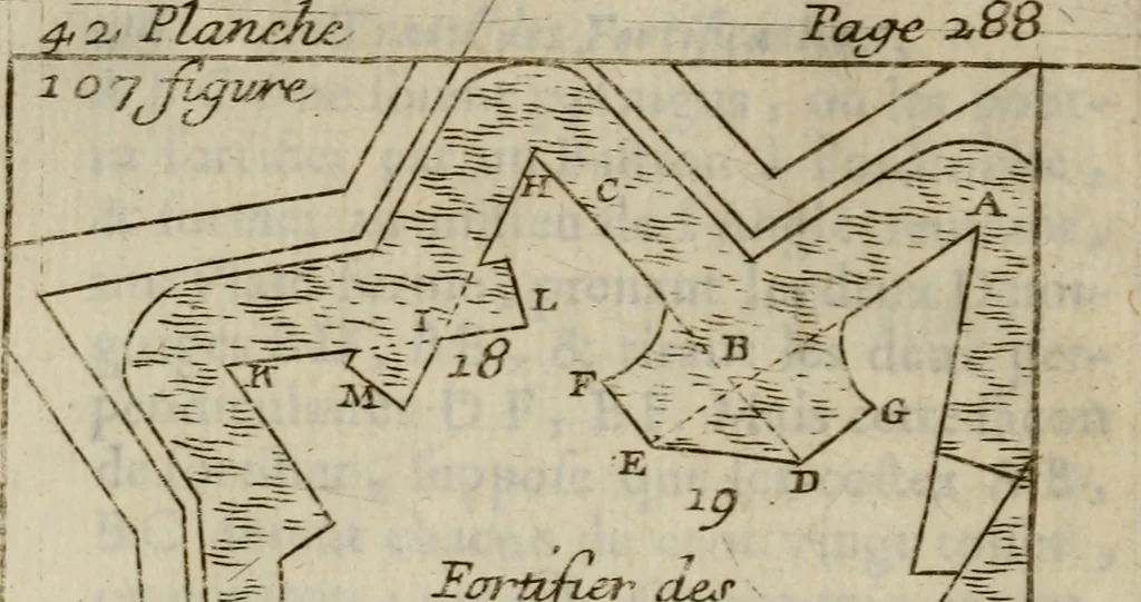An illustration from L'art de fortifier, de defendre, et d'attaquer les places : suivant les methodes françoises, hollandoises, italiennes & espagnoles, le tout enrichy de figures en taille douce, 1677, leaf 399