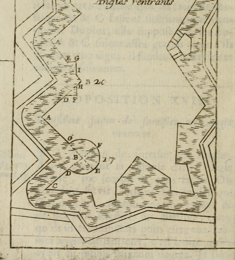 An illustration from L'art de fortifier, de defendre, et d'attaquer les places : suivant les methodes françoises, hollandoises, italiennes & espagnoles, le tout enrichy de figures en taille douce, 1677, leaf 399