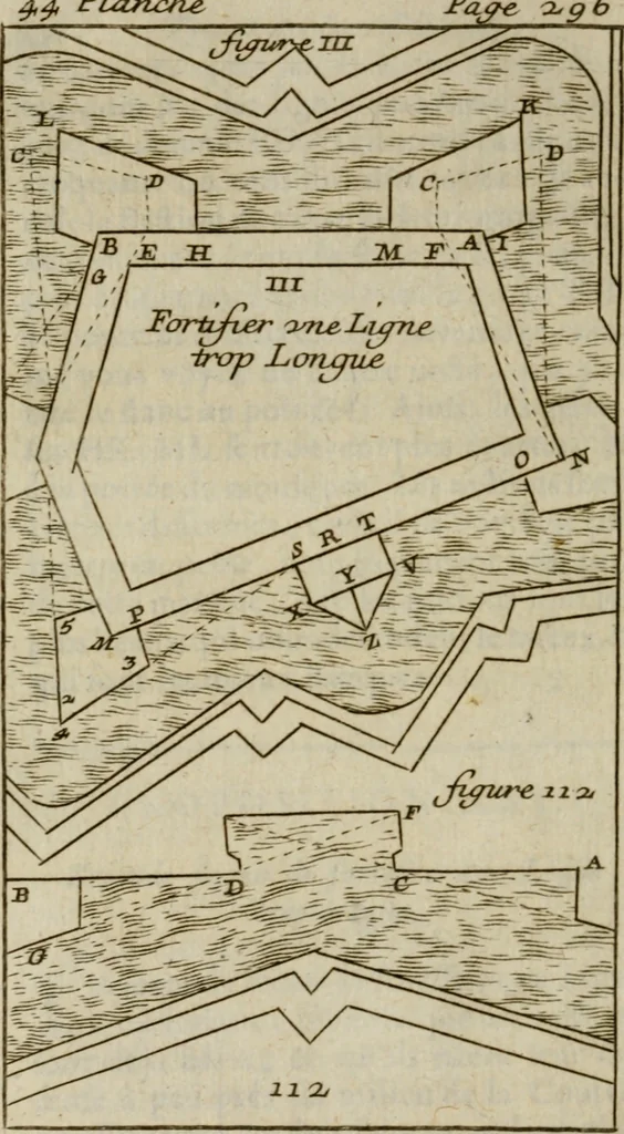 An illustration from L'art de fortifier, de defendre, et d'attaquer les places : suivant les methodes françoises, hollandoises, italiennes & espagnoles, le tout enrichy de figures en taille douce, 1677, leaf 411