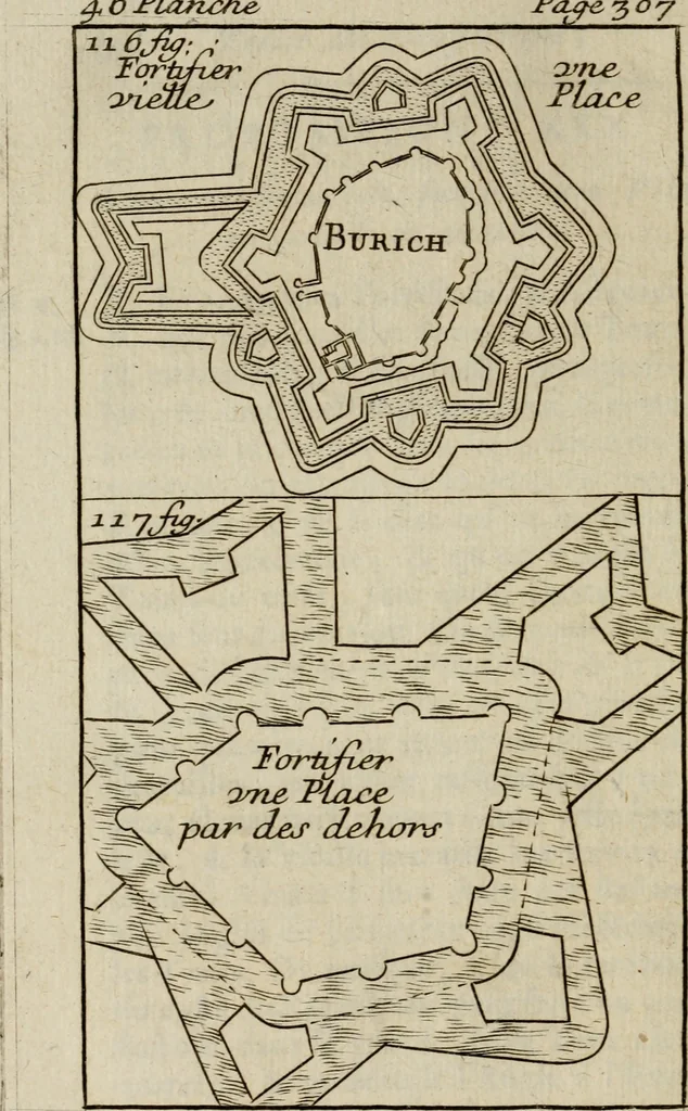 An illustration from L'art de fortifier, de defendre, et d'attaquer les places : suivant les methodes françoises, hollandoises, italiennes & espagnoles, le tout enrichy de figures en taille douce, 1677, leaf 425