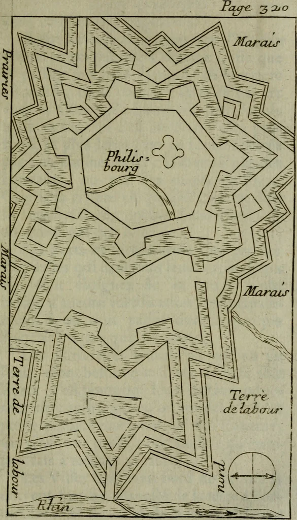 An illustration from L'art de fortifier, de defendre, et d'attaquer les places : suivant les methodes françoises, hollandoises, italiennes & espagnoles, le tout enrichy de figures en taille douce, 1677, leaf 448