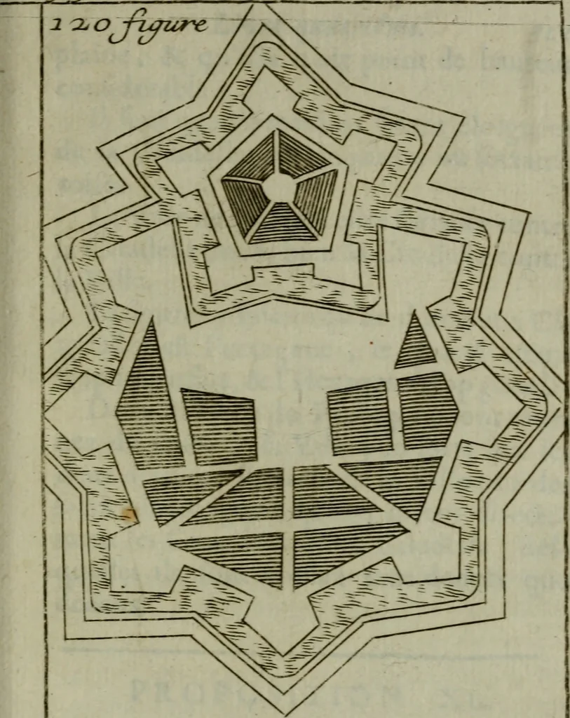 An illustration from L'art de fortifier, de defendre, et d'attaquer les places : suivant les methodes françoises, hollandoises, italiennes & espagnoles, le tout enrichy de figures en taille douce, 1677, leaf 452