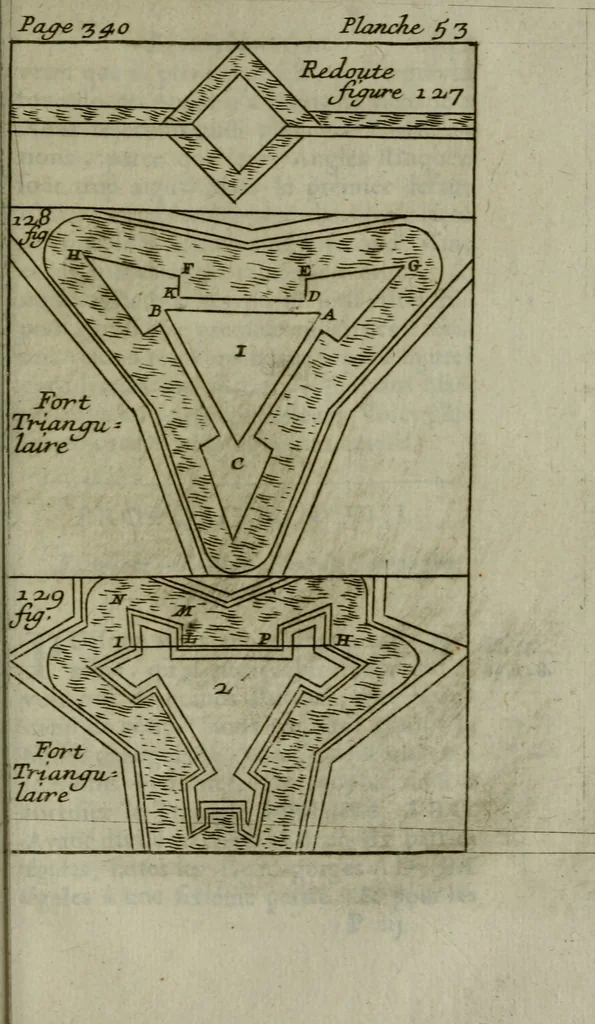 An illustration from L'art de fortifier, de defendre, et d'attaquer les places : suivant les methodes françoises, hollandoises, italiennes & espagnoles, le tout enrichy de figures en taille douce, 1677, leaf 480