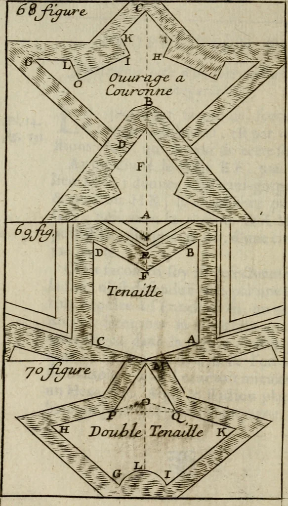 An illustration from L'art de fortifier, de defendre, et d'attaquer les places : suivant les methodes françoises, hollandoises, italiennes & espagnoles, le tout enrichy de figures en taille douce, 1677, leaf 489