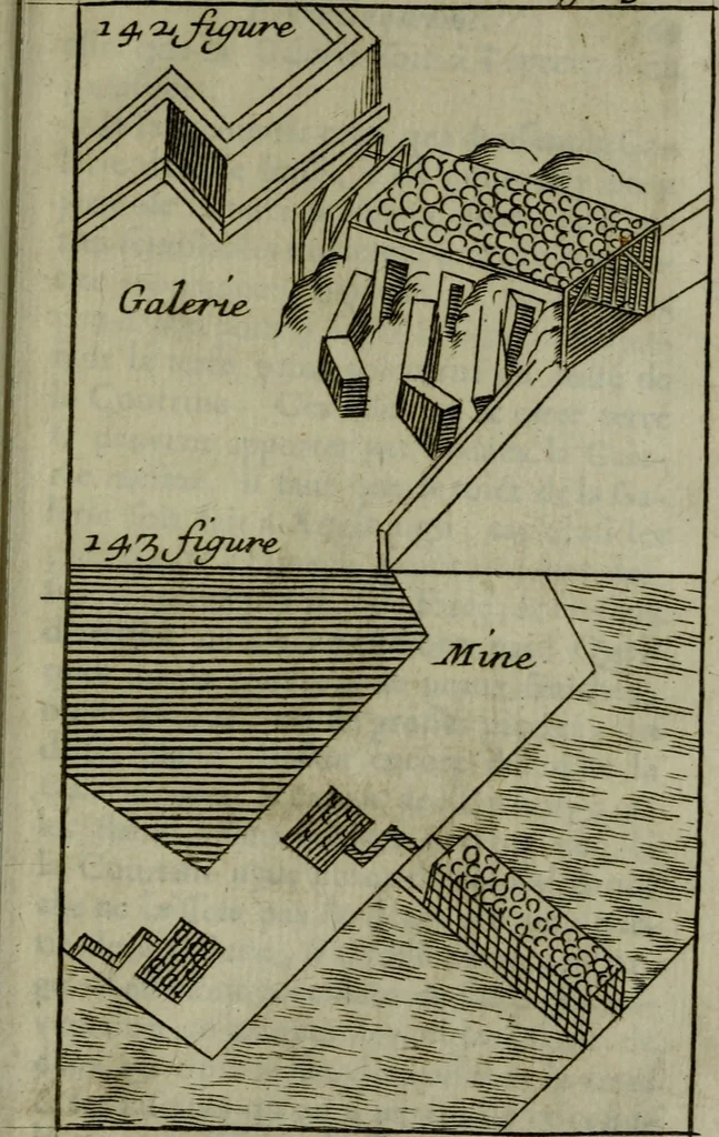 An illustration from L'art de fortifier, de defendre, et d'attaquer les places : suivant les methodes françoises, hollandoises, italiennes & espagnoles, le tout enrichy de figures en taille douce, 1677, leaf 522
