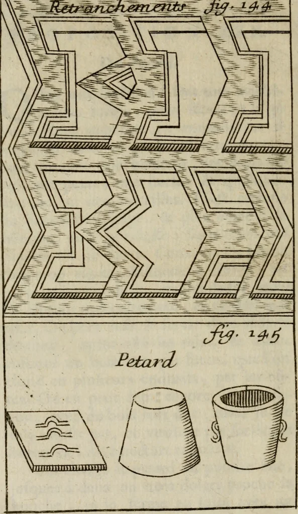 An illustration from L'art de fortifier, de defendre, et d'attaquer les places : suivant les methodes françoises, hollandoises, italiennes & espagnoles, le tout enrichy de figures en taille douce, 1677, leaf 535