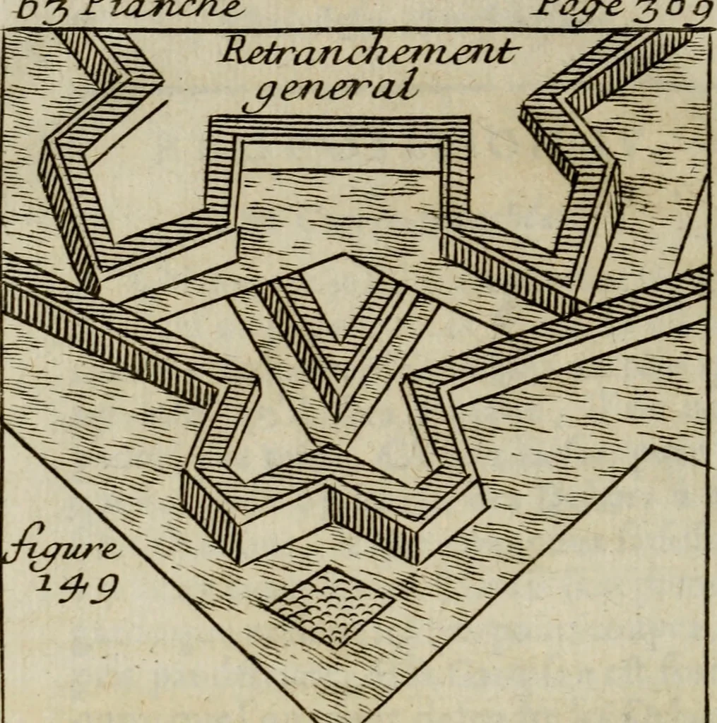 An illustration from L'art de fortifier, de defendre, et d'attaquer les places : suivant les methodes françoises, hollandoises, italiennes & espagnoles, le tout enrichy de figures en taille douce, 1677, leaf 547