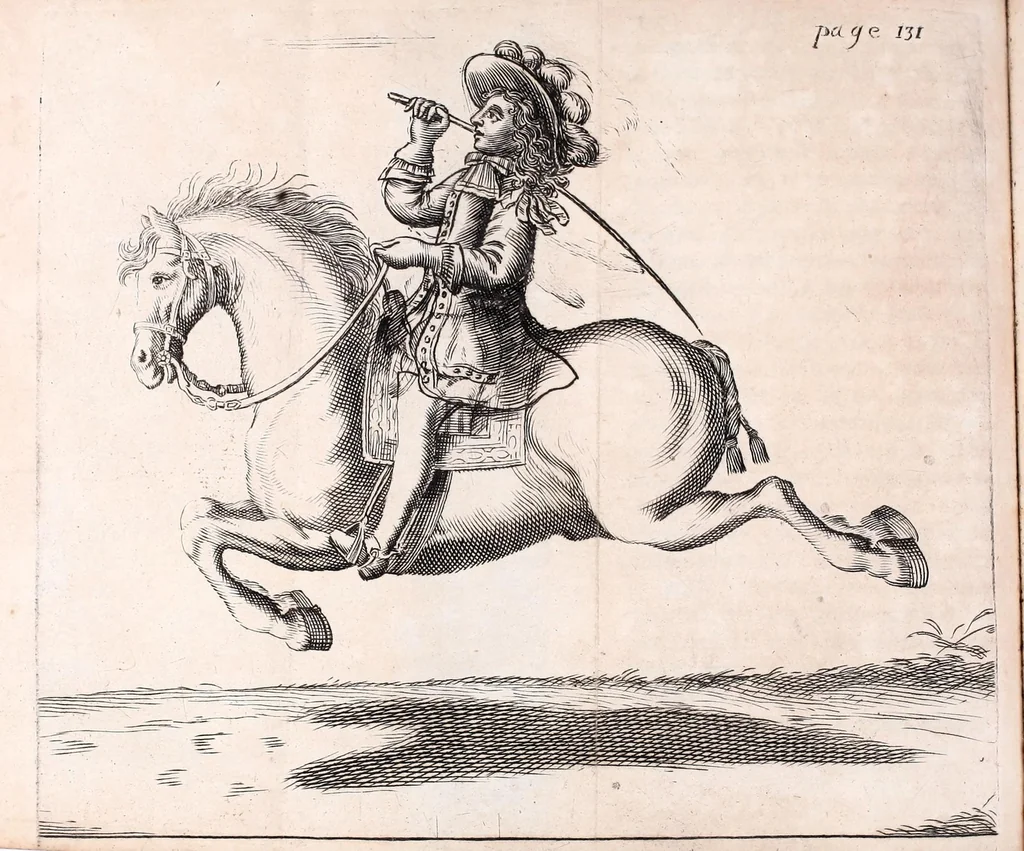An illustration from L'art de monter à cheval : pour elever la noblesse dans les plus beaux airs du manege : enseignée & pratiquée par les illustres & fameux ecuyers de France, tant pour les voltes, caprioles, courbettes, passades, sauts de terre à terre, courses de bagues; que pour tout ce que le cavalier doit sçavoir pour se rendre habile homme de cheval : avec les figures necessaires & les remedes pour guerir les maladies des chevaux, 1691, leaf 144